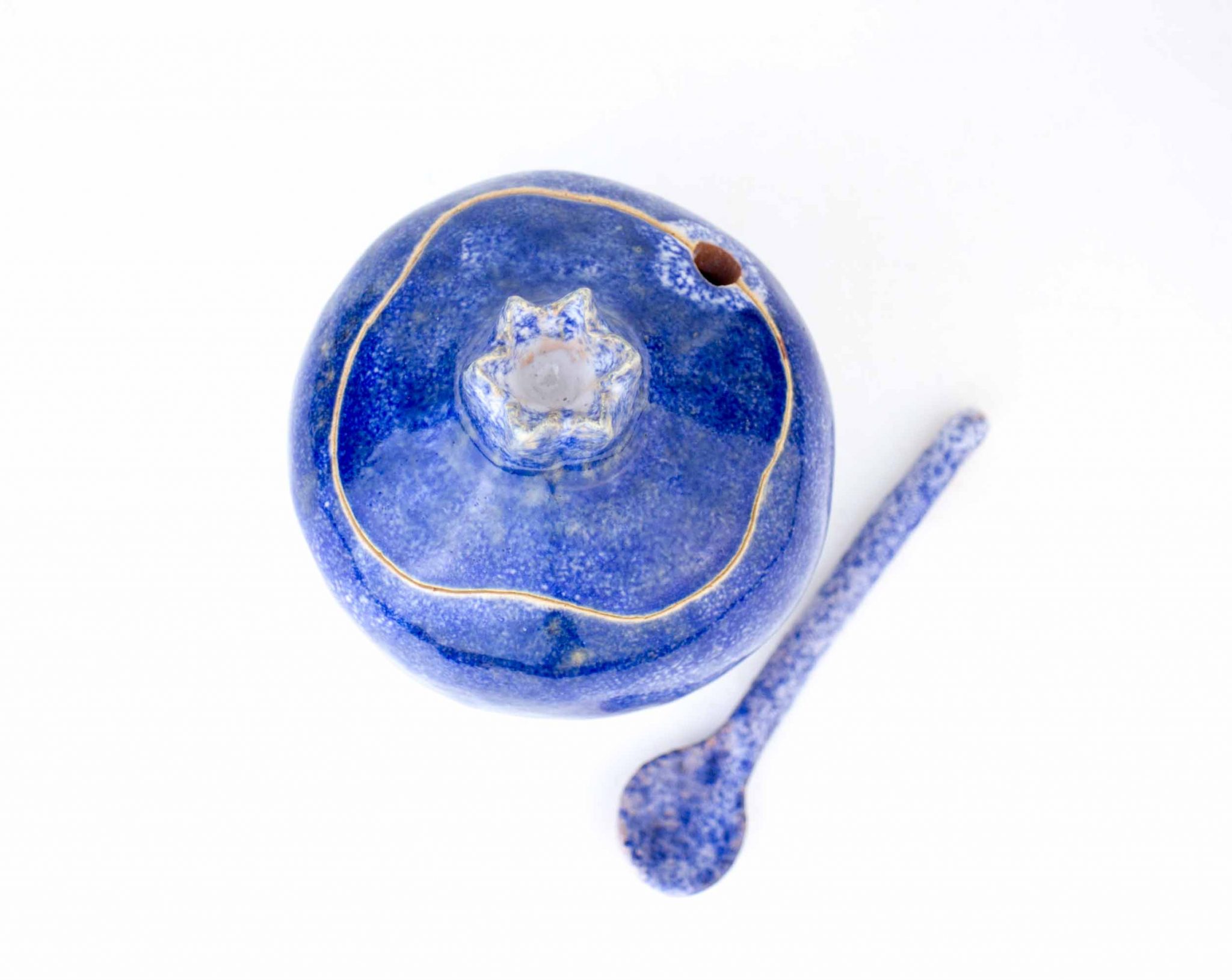 Handmade pomegranate sugar bowl with spoon, Cobalt Sugar bowl