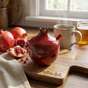 Handmade Ceramic Pomegranate Sugar Bowl with Spoon, Artistic Red Decor