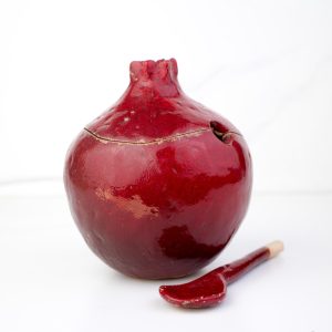 Handmade burgundy  pomegranate sugar bowl with spoon, Sugar bowl with spoon, Ceramic sugar bowl, handmade, brown vase, ceramic and pottery