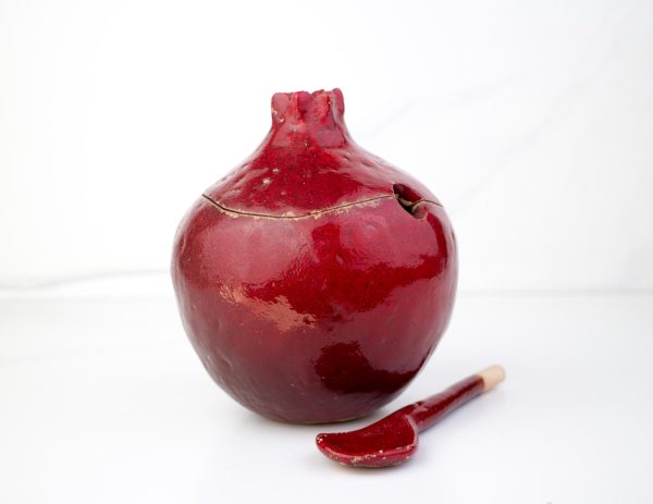 Handmade burgundy  pomegranate sugar bowl with spoon, Sugar bowl with spoon, Ceramic sugar bowl, handmade, brown vase, ceramic and pottery