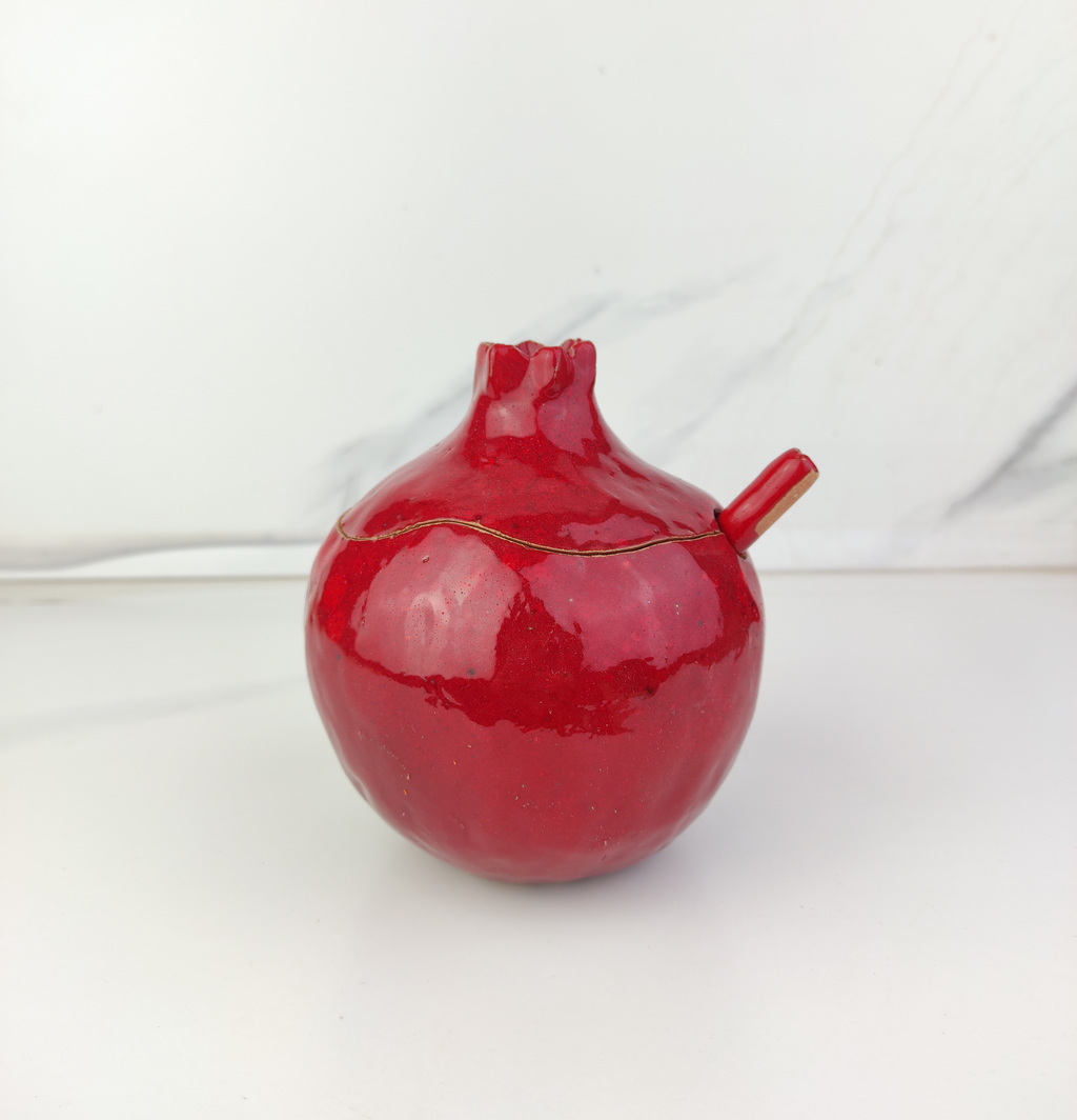 Handmade burgundy pomegranate sugar bowl with spoon, Sugar bowl with spoon, Ceramic sugar bowl, handmade, brown vase, ceramic and pottery - Image 2
