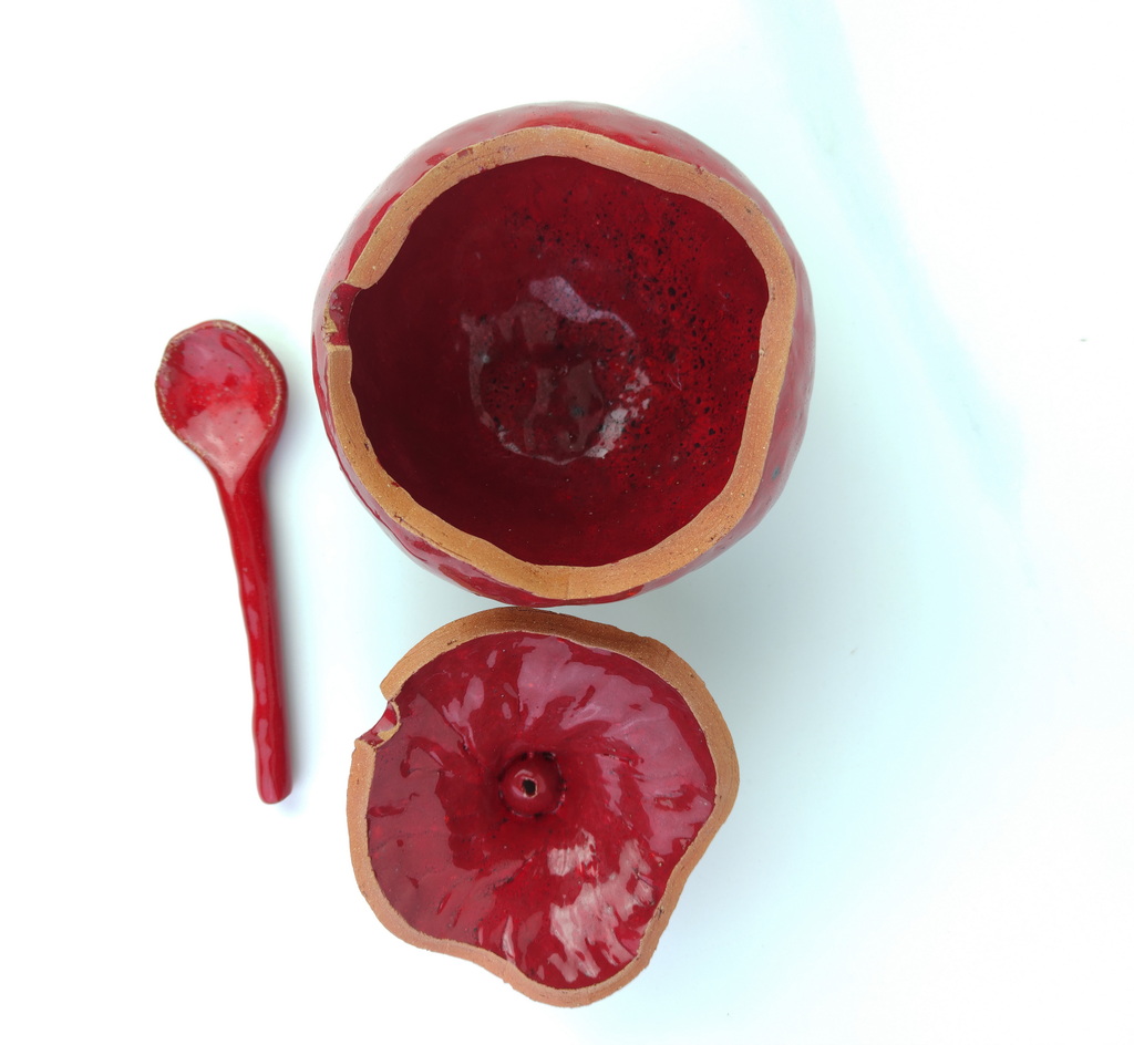 Handmade burgundy pomegranate sugar bowl with spoon, Sugar bowl with spoon, Ceramic sugar bowl, handmade, brown vase, ceramic and pottery - Image 11