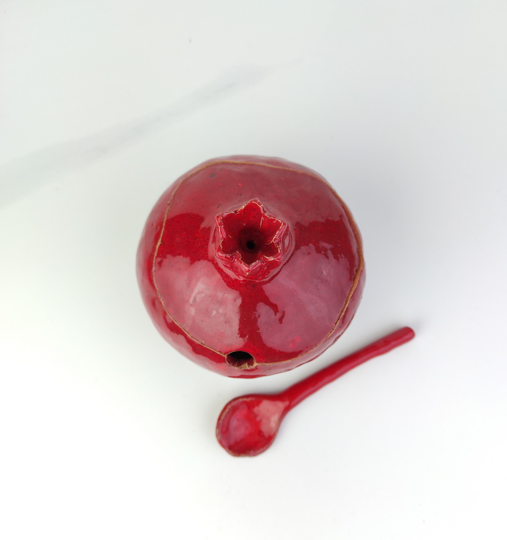 Handmade burgundy pomegranate sugar bowl with spoon, Sugar bowl with spoon, Ceramic sugar bowl, handmade, brown vase, ceramic and pottery - Image 12