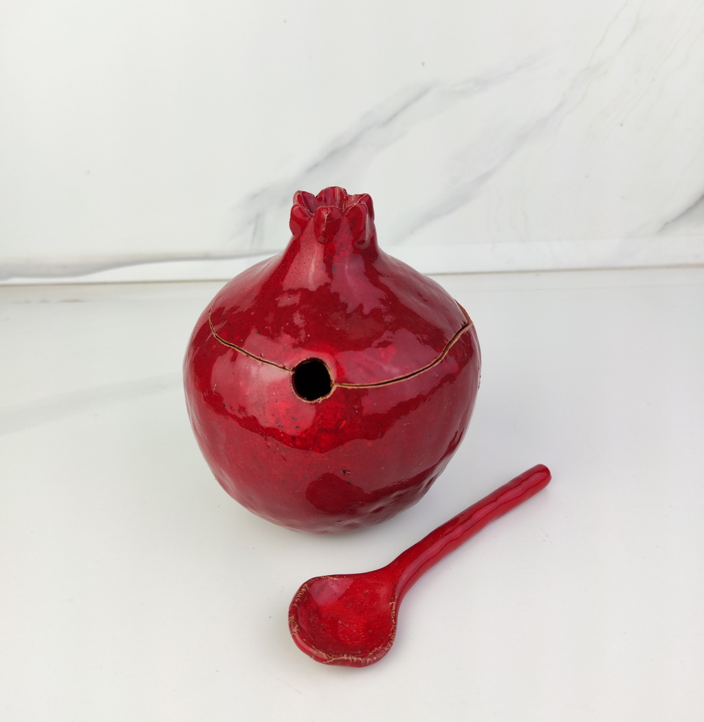 Handmade burgundy pomegranate sugar bowl with spoon, Sugar bowl with spoon, Ceramic sugar bowl, handmade, brown vase, ceramic and pottery - Image 13