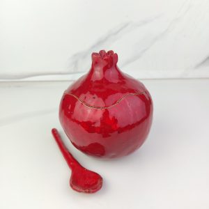 Handmade burgundy pomegranate sugar bowl with spoon, Sugar bowl with spoon, Ceramic sugar bowl, handmade, brown vase, ceramic and pottery