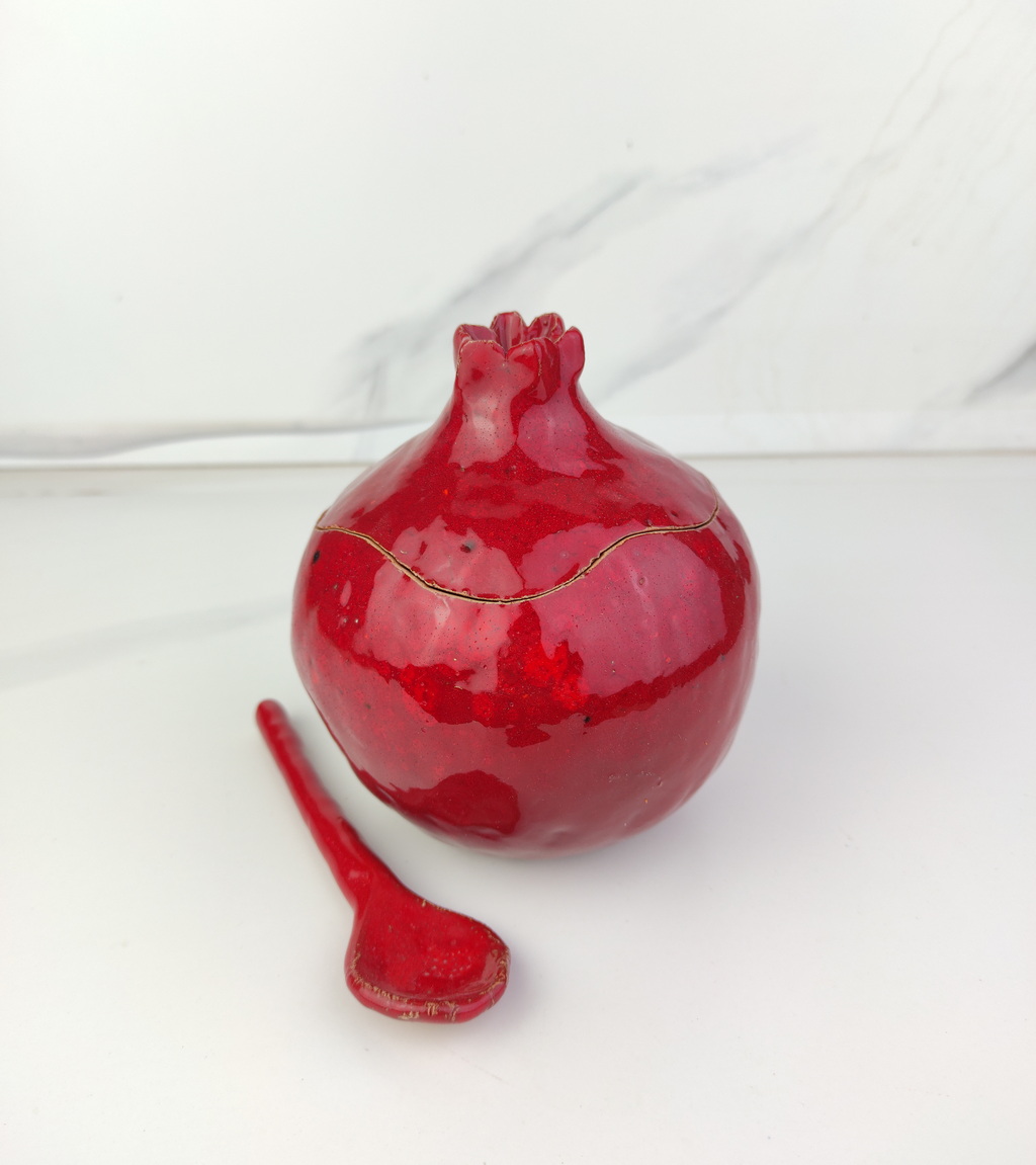 Handmade burgundy pomegranate sugar bowl with spoon, Sugar bowl with spoon, Ceramic sugar bowl, handmade, brown vase, ceramic and pottery