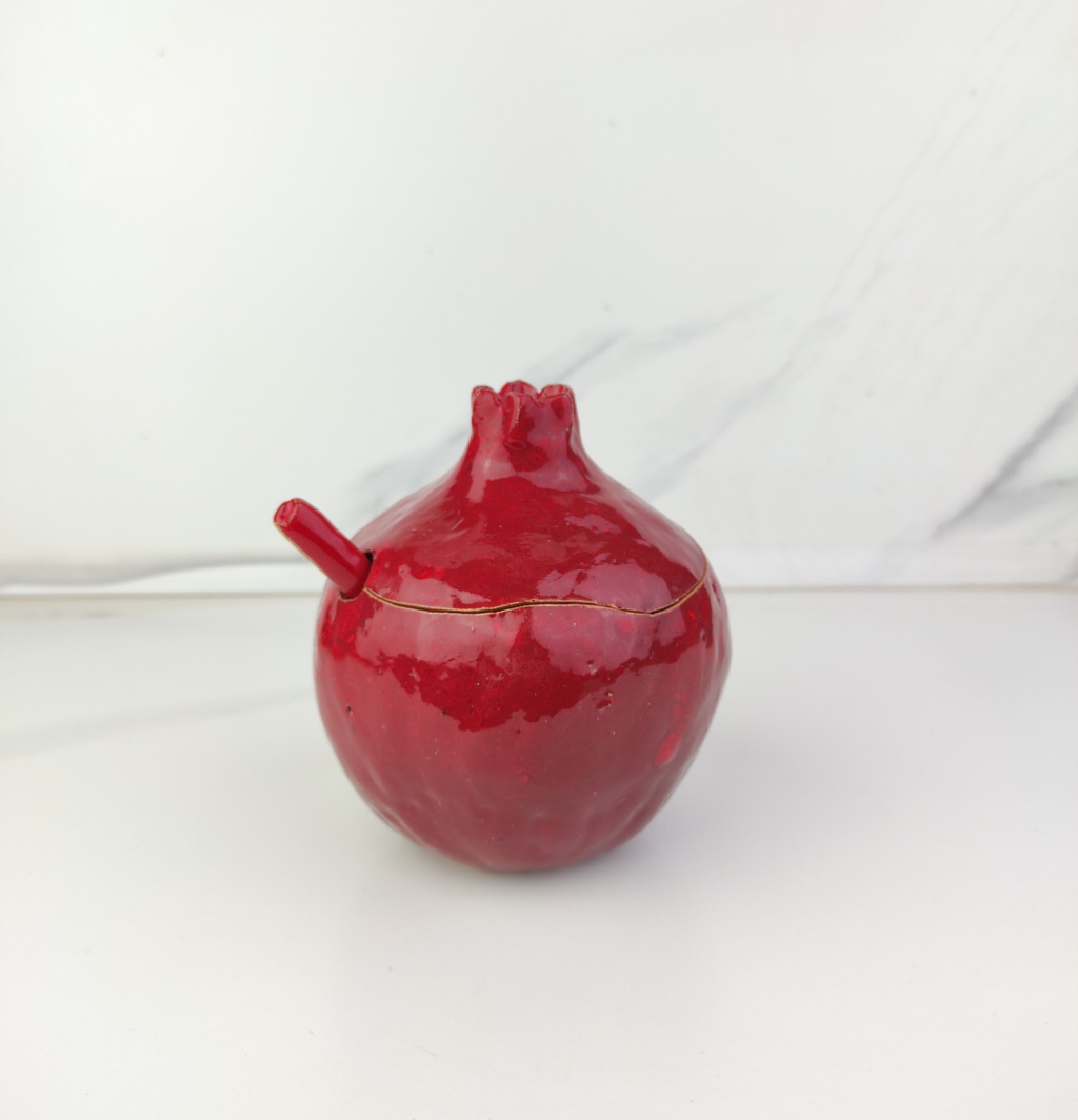 Handmade burgundy pomegranate sugar bowl with spoon, Sugar bowl with spoon, Ceramic sugar bowl, handmade, brown vase, ceramic and pottery - Image 4