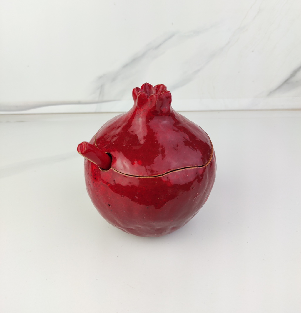 Handmade burgundy pomegranate sugar bowl with spoon, Sugar bowl with spoon, Ceramic sugar bowl, handmade, brown vase, ceramic and pottery - Image 6