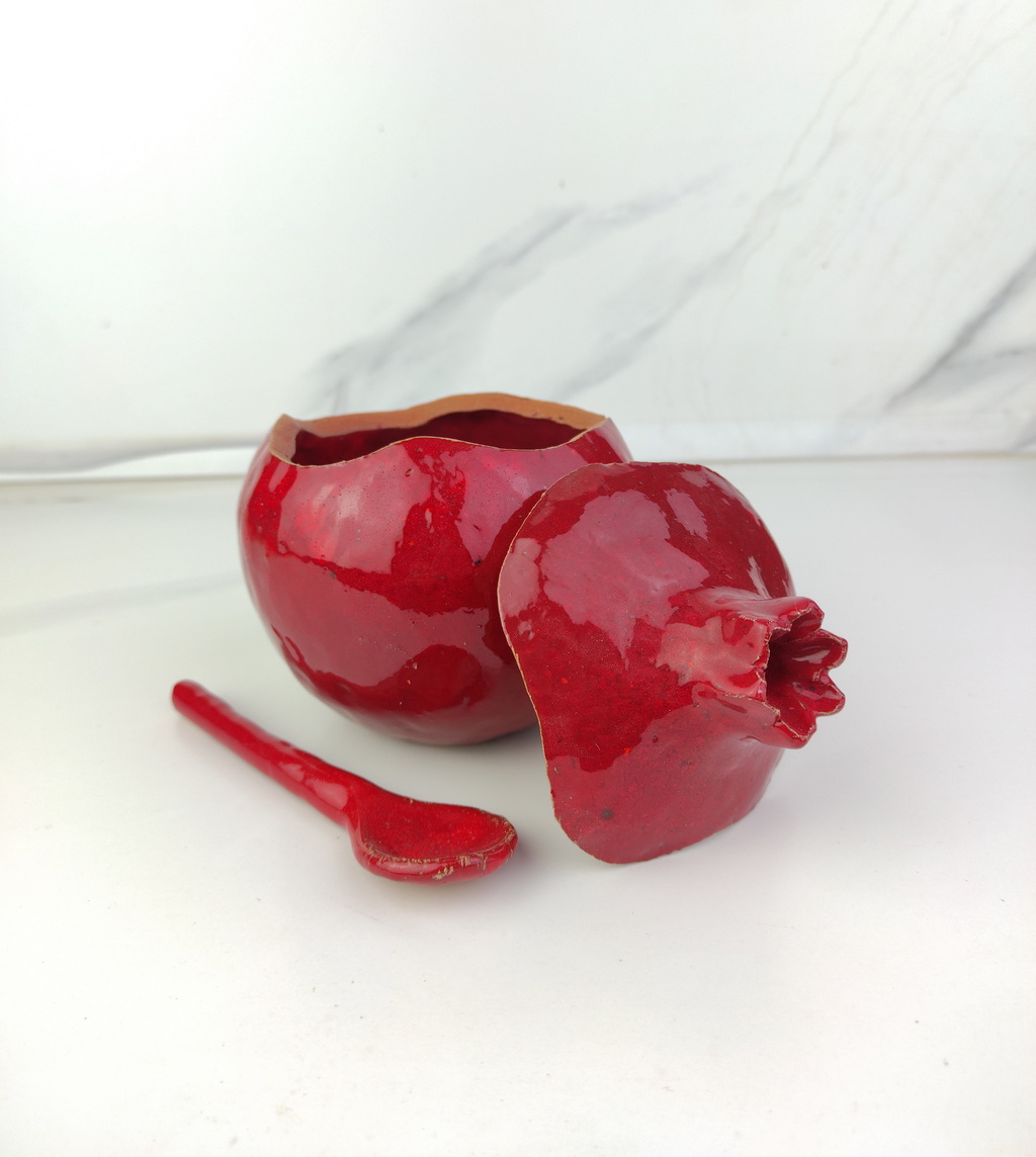 Handmade burgundy pomegranate sugar bowl with spoon, Sugar bowl with spoon, Ceramic sugar bowl, handmade, brown vase, ceramic and pottery - Image 9