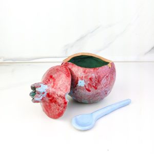 Handmade Pomegranate Sugar Bowl with Spoon , Blue with Red