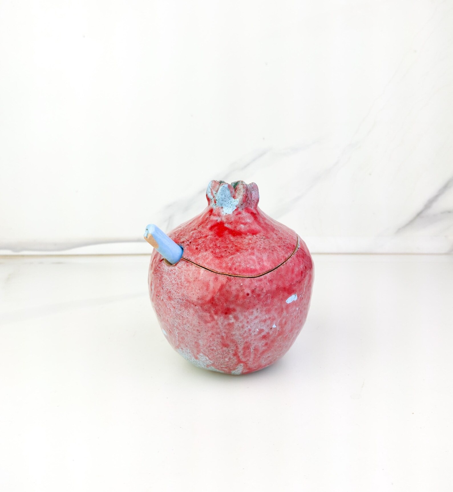 Handmade Pomegranate Sugar Bowl with Spoon , Blue with Red - Image 3
