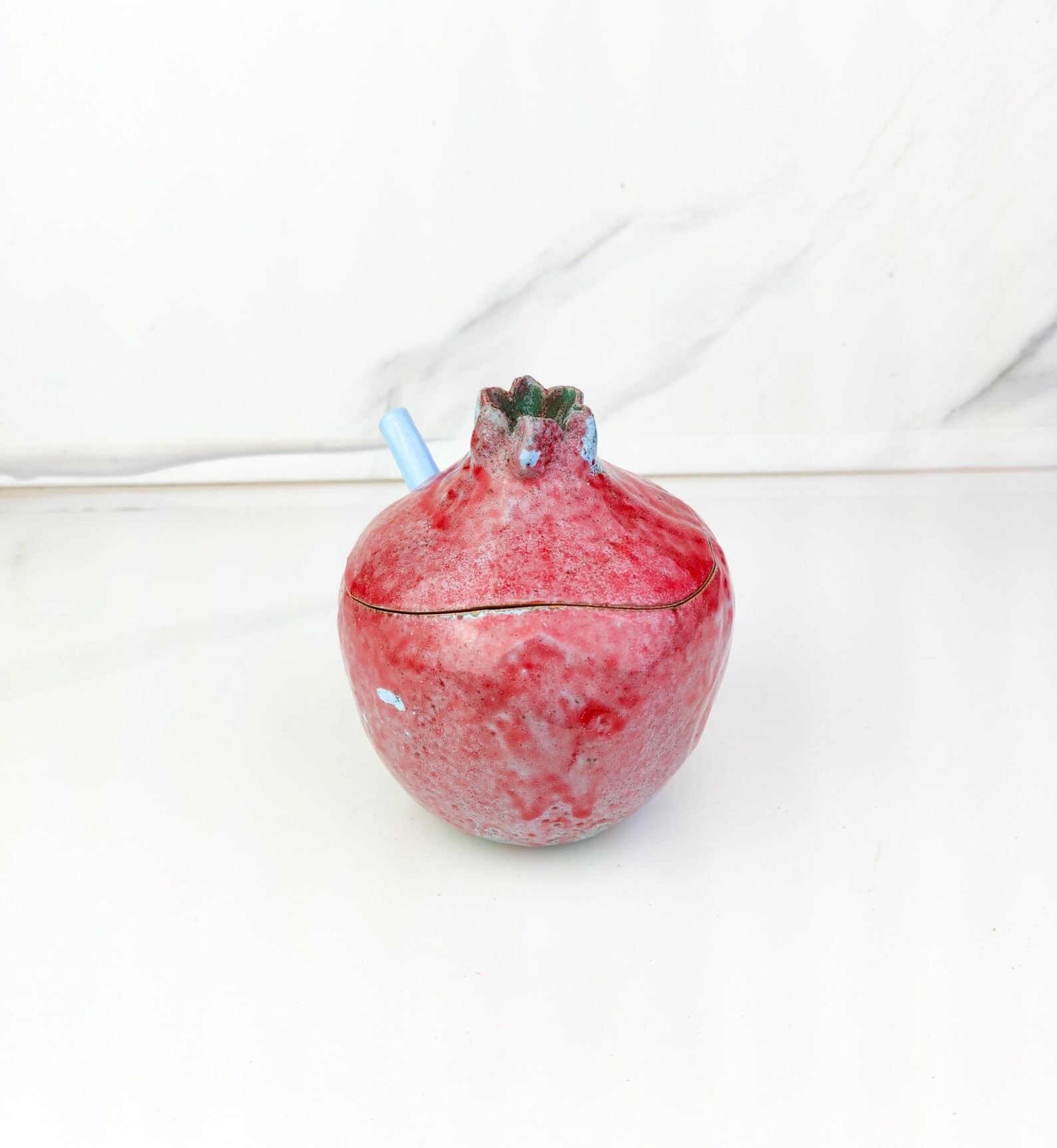 Handmade Pomegranate Sugar Bowl with Spoon , Blue with Red - Image 5