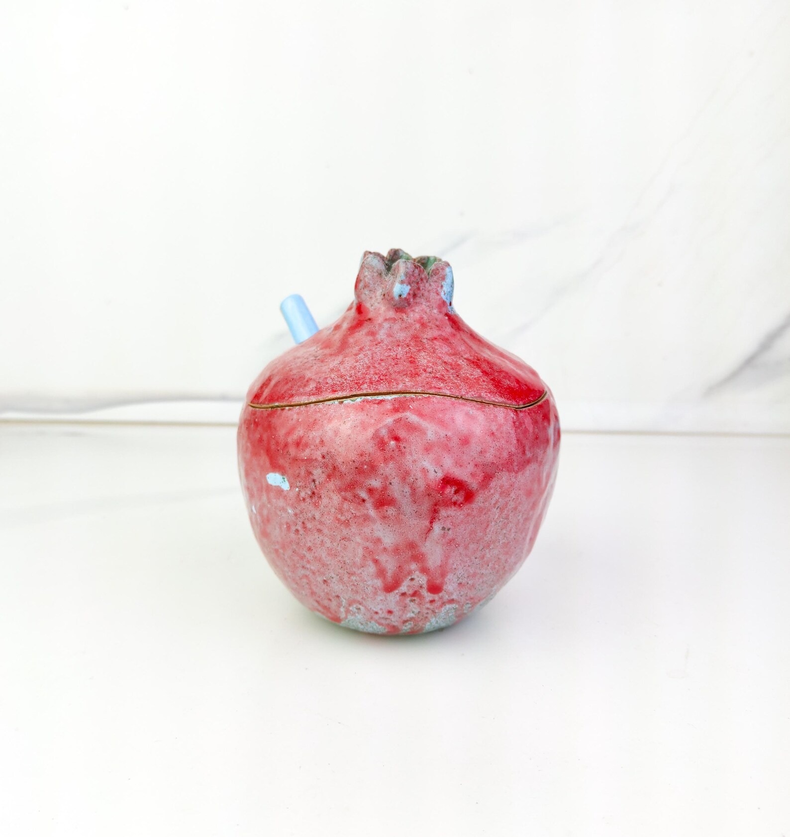 Handmade Pomegranate Sugar Bowl with Spoon , Blue with Red - Image 6