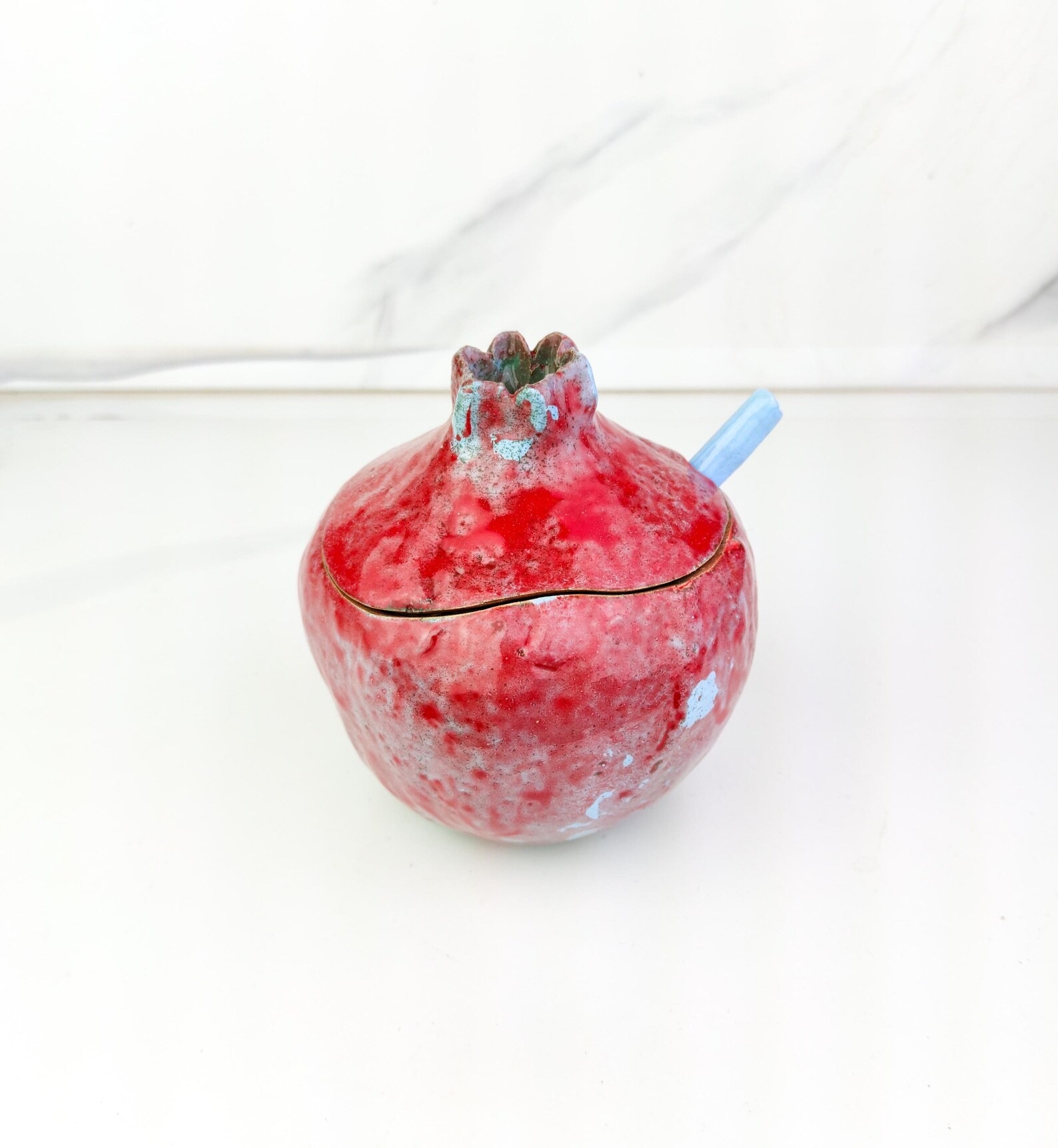 Handmade Pomegranate Sugar Bowl with Spoon , Blue with Red - Image 8