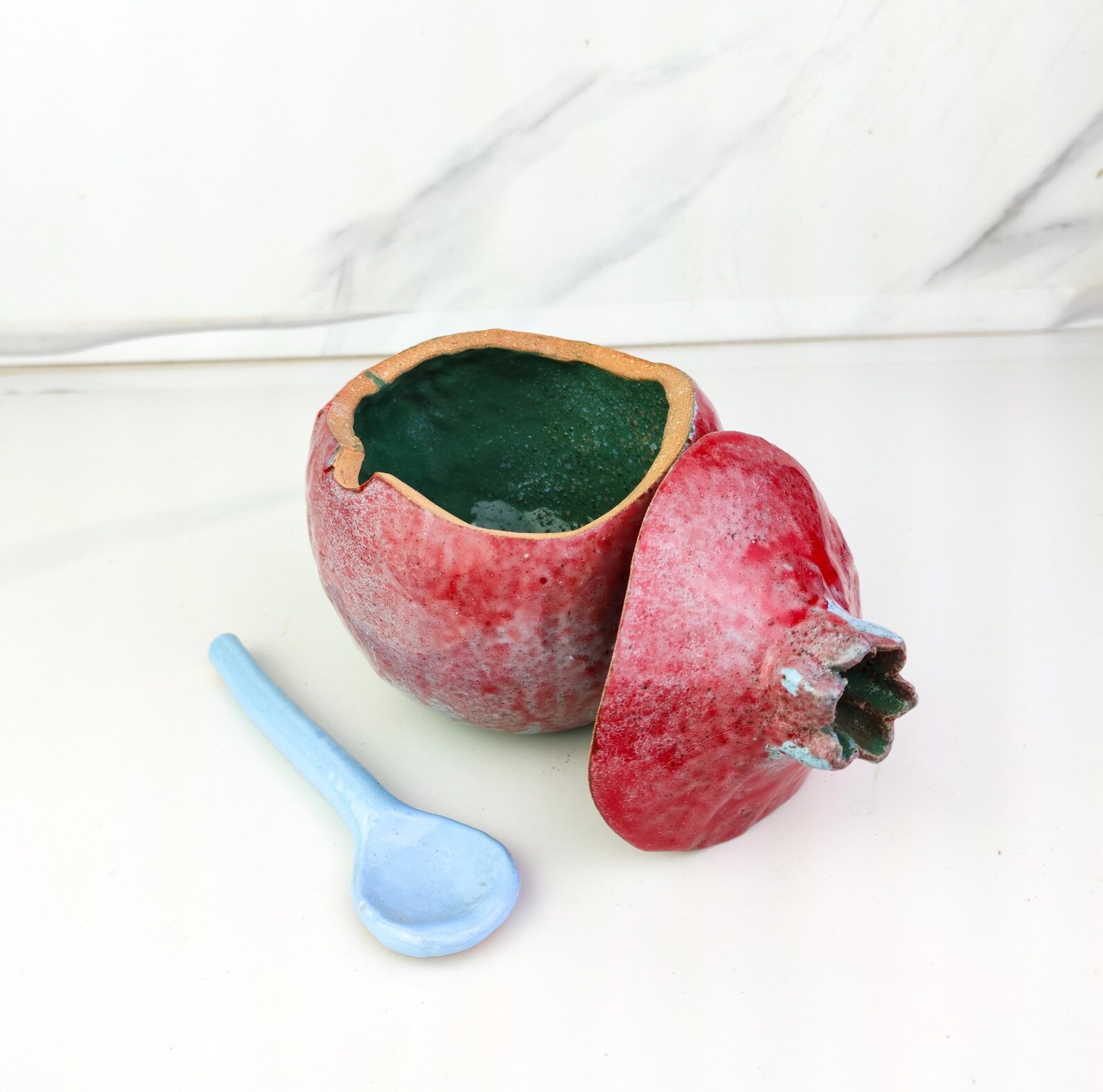 Handmade Pomegranate Sugar Bowl with Spoon , Blue with Red - Image 9