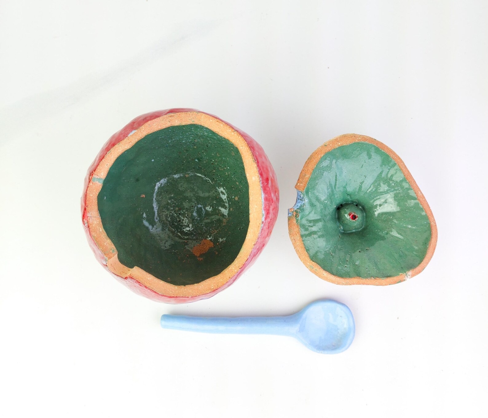 Handmade Pomegranate Sugar Bowl with Spoon , Blue with Red - Image 10