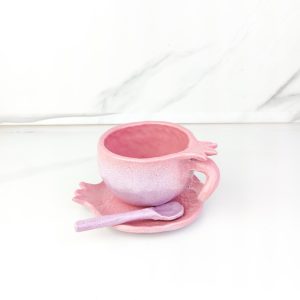 Handmade Ceramic Pomegranate Style Coffee or Tea Cup with Plate and Spoon
