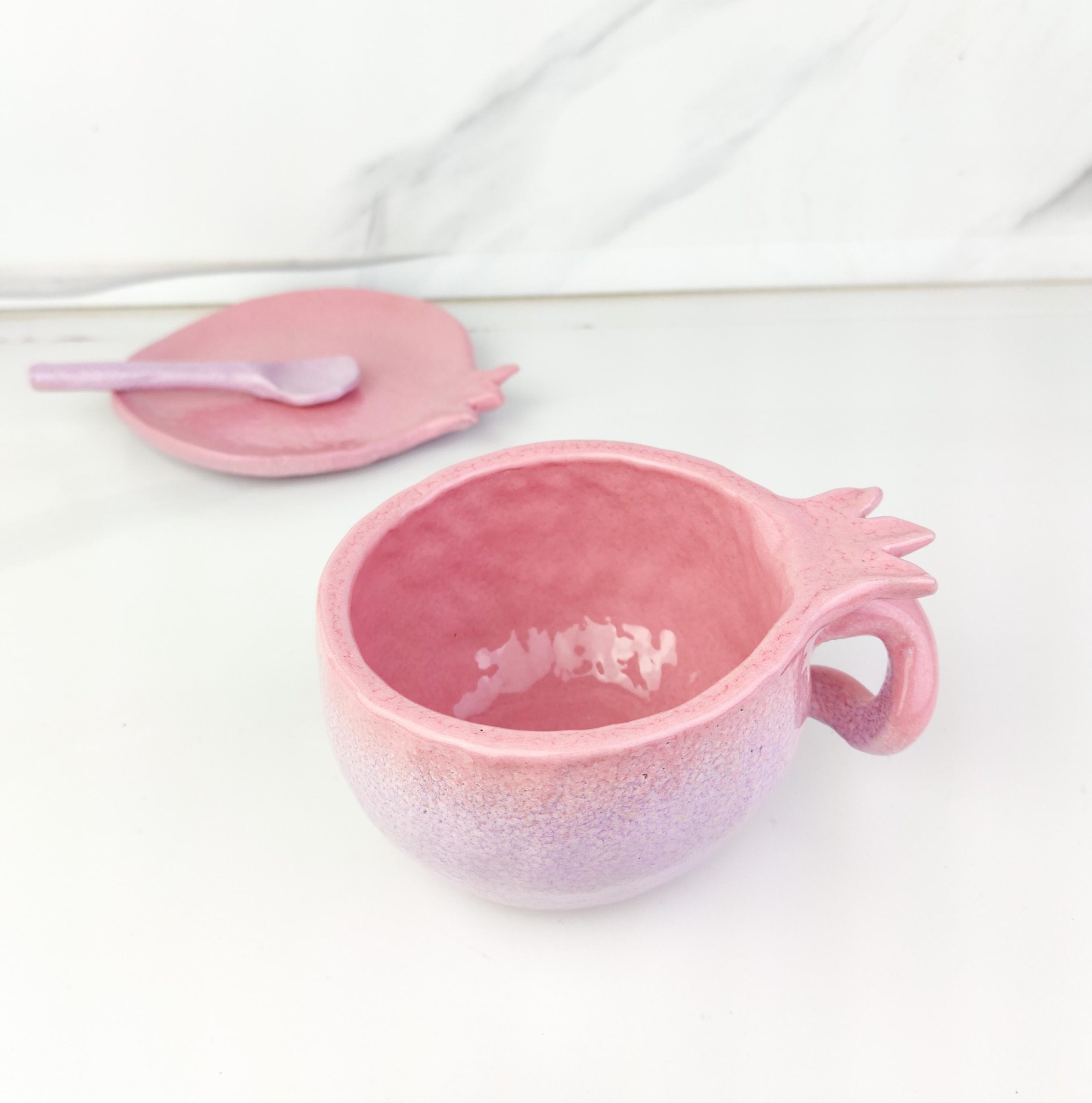 Handmade Ceramic Pomegranate Style Coffee or Tea Cup with Plate and Spoon - Image 13