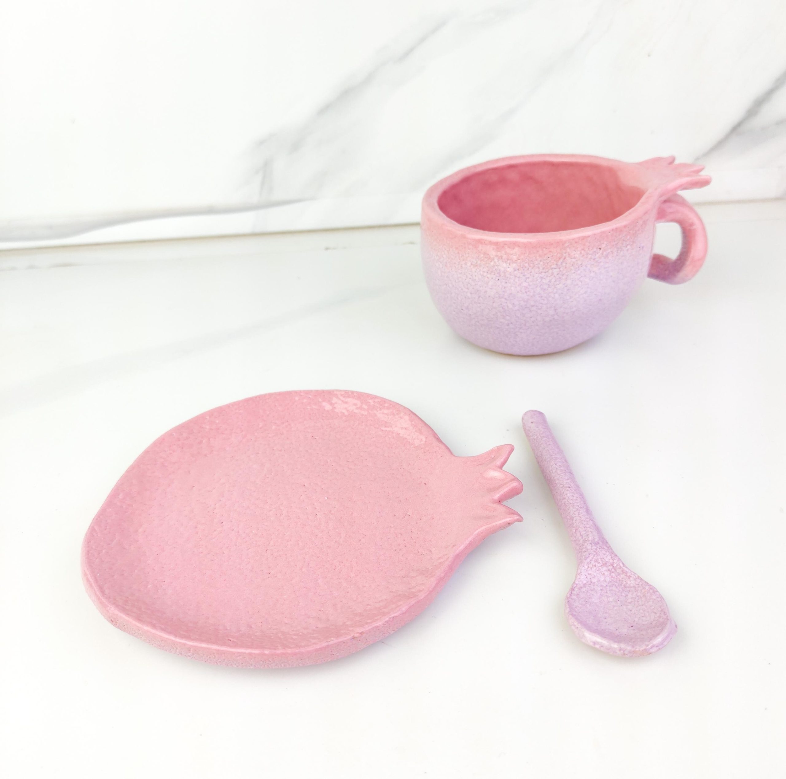 Handmade Ceramic Pomegranate Style Coffee or Tea Cup with Plate and Spoon - Image 14