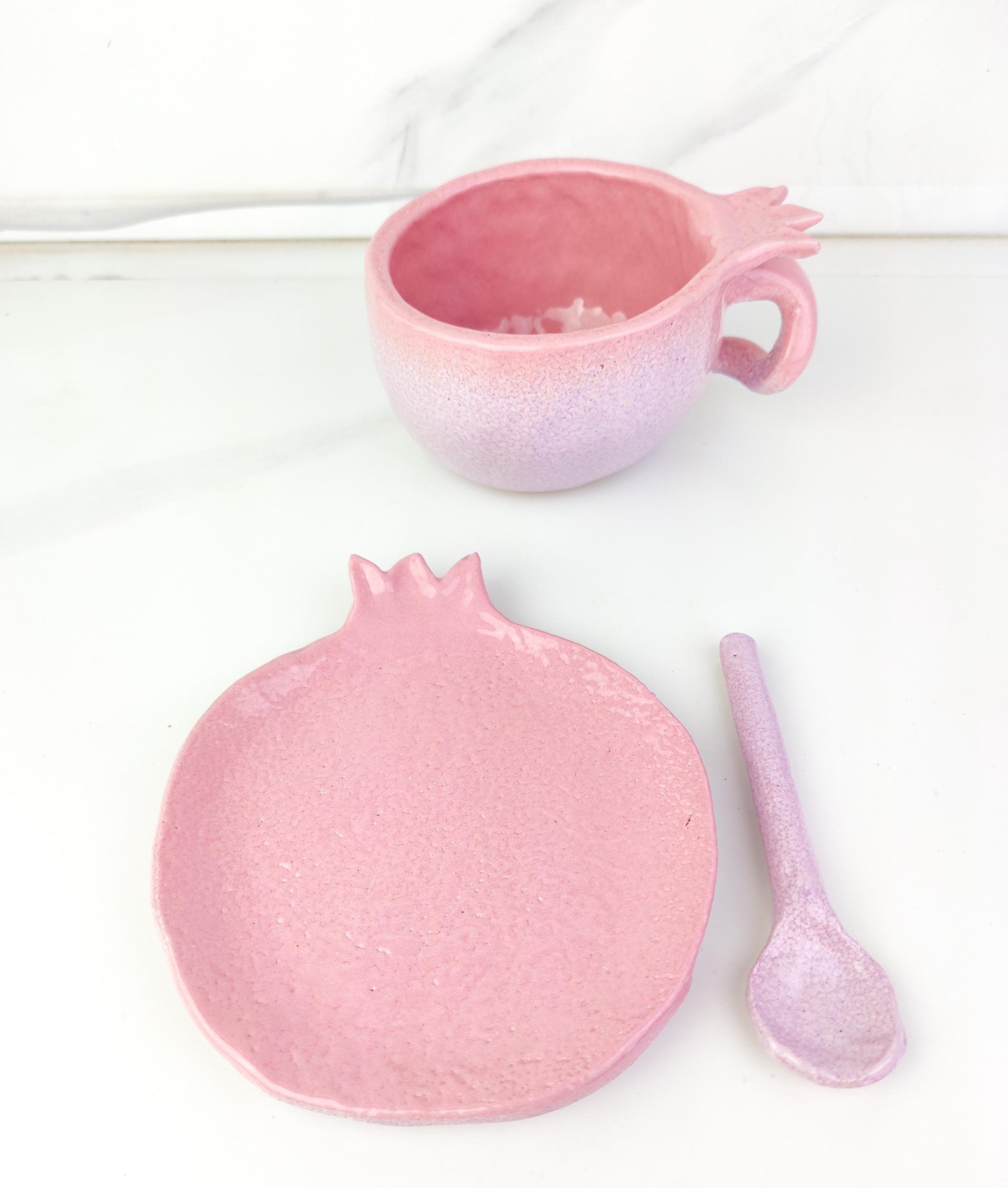 Handmade Ceramic Pomegranate Style Coffee or Tea Cup with Plate and Spoon - Image 15