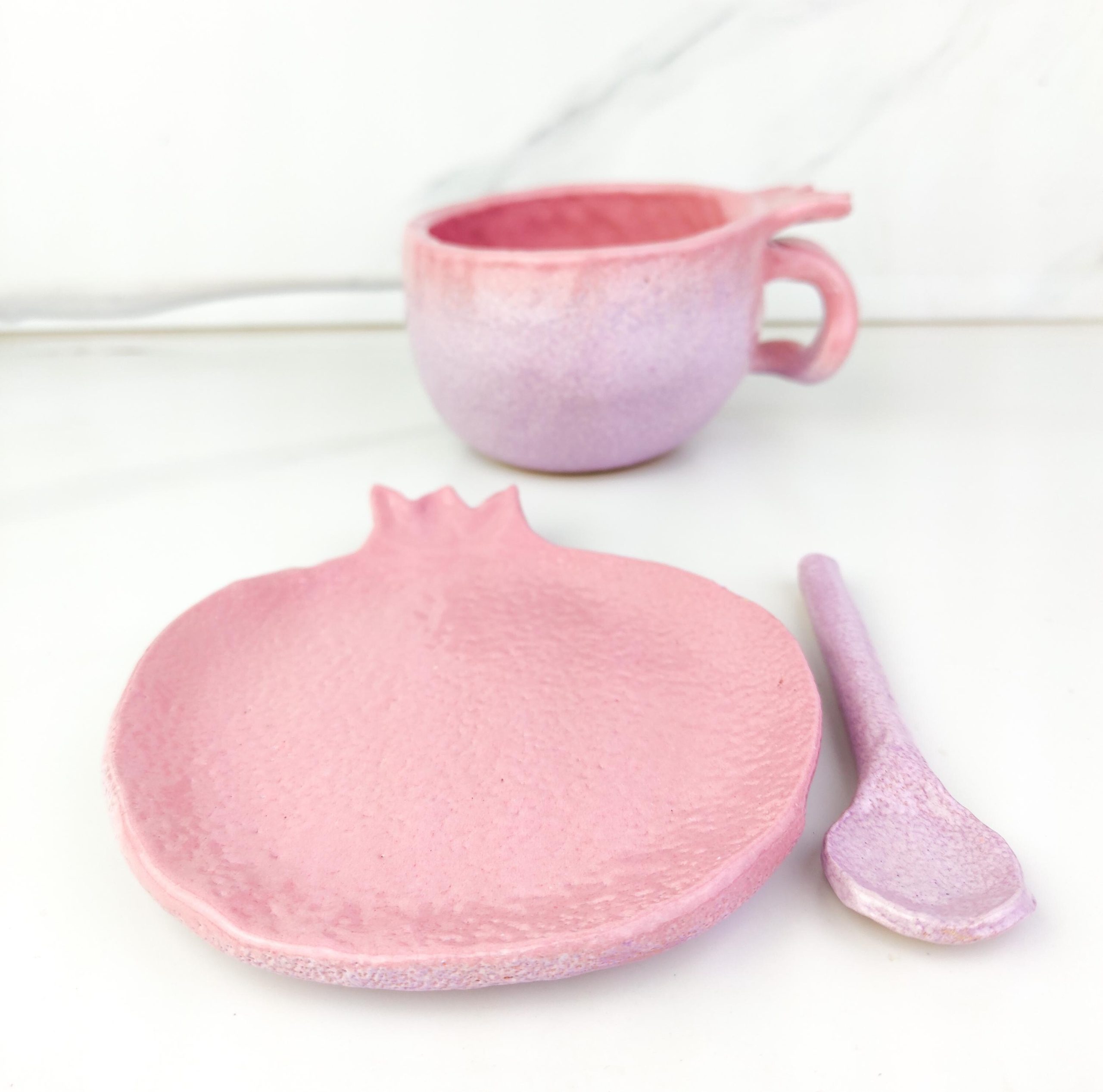 Handmade Ceramic Pomegranate Style Coffee or Tea Cup with Plate and Spoon - Image 16