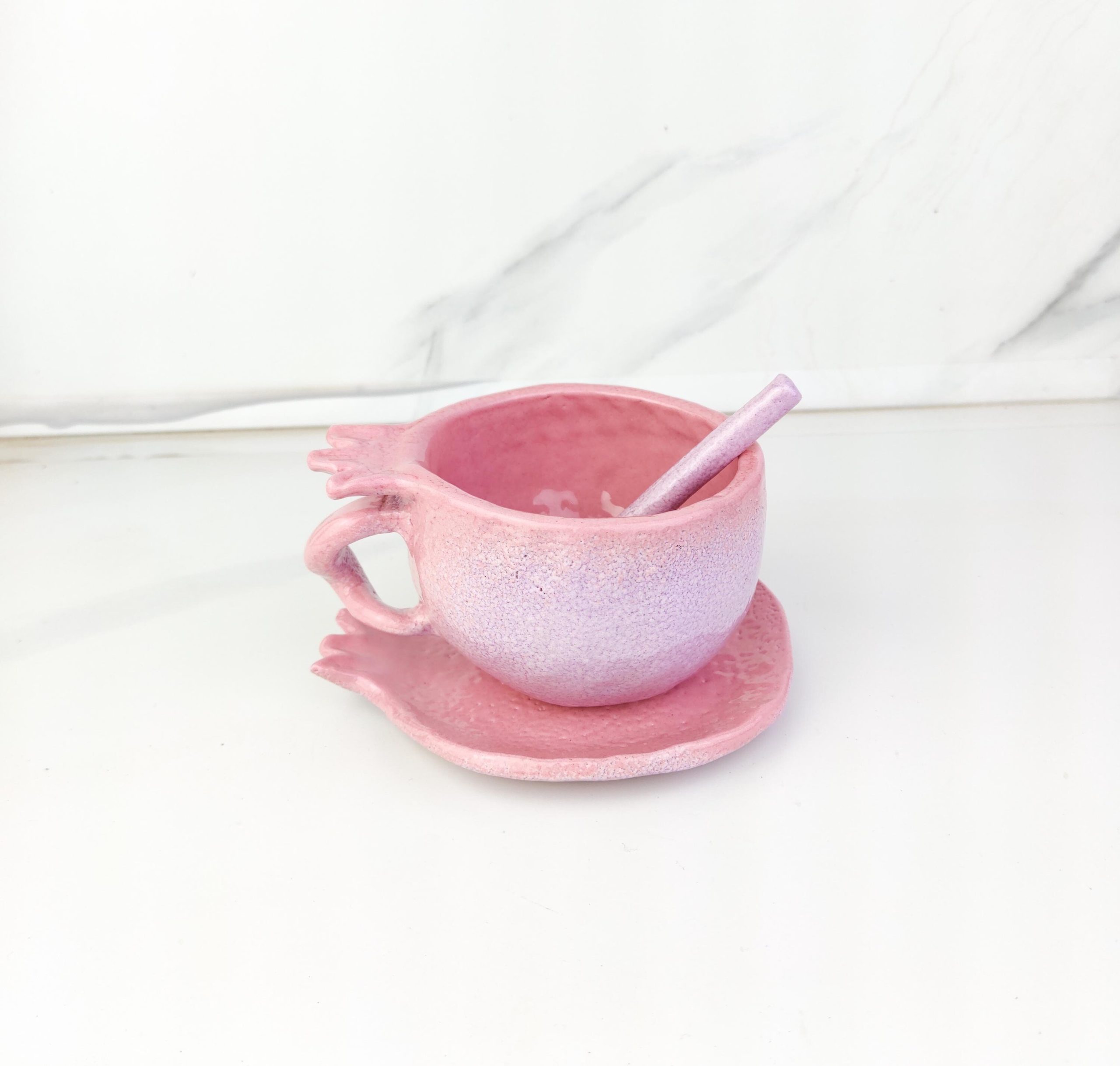 Handmade Ceramic Pomegranate Style Coffee or Tea Cup with Plate and Spoon - Image 4