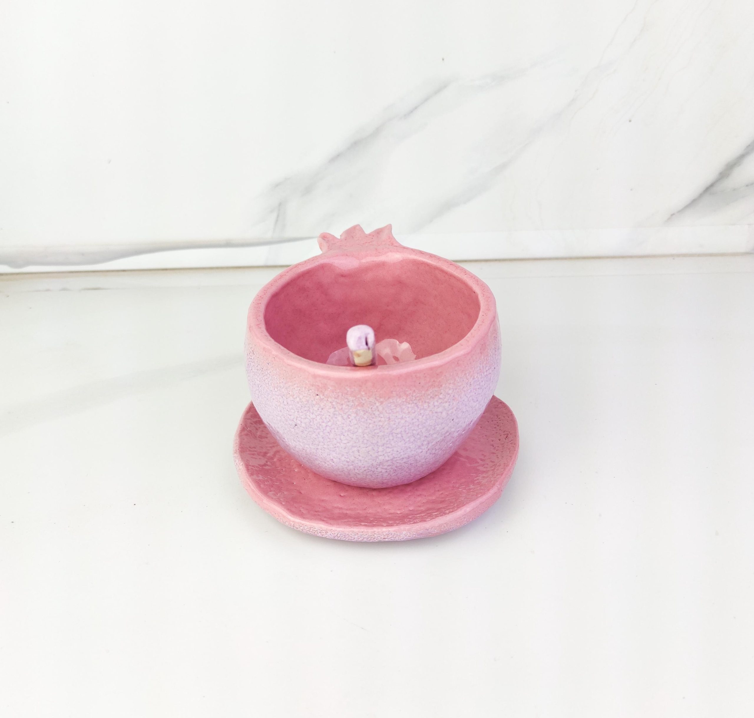 Handmade Ceramic Pomegranate Style Coffee or Tea Cup with Plate and Spoon - Image 5