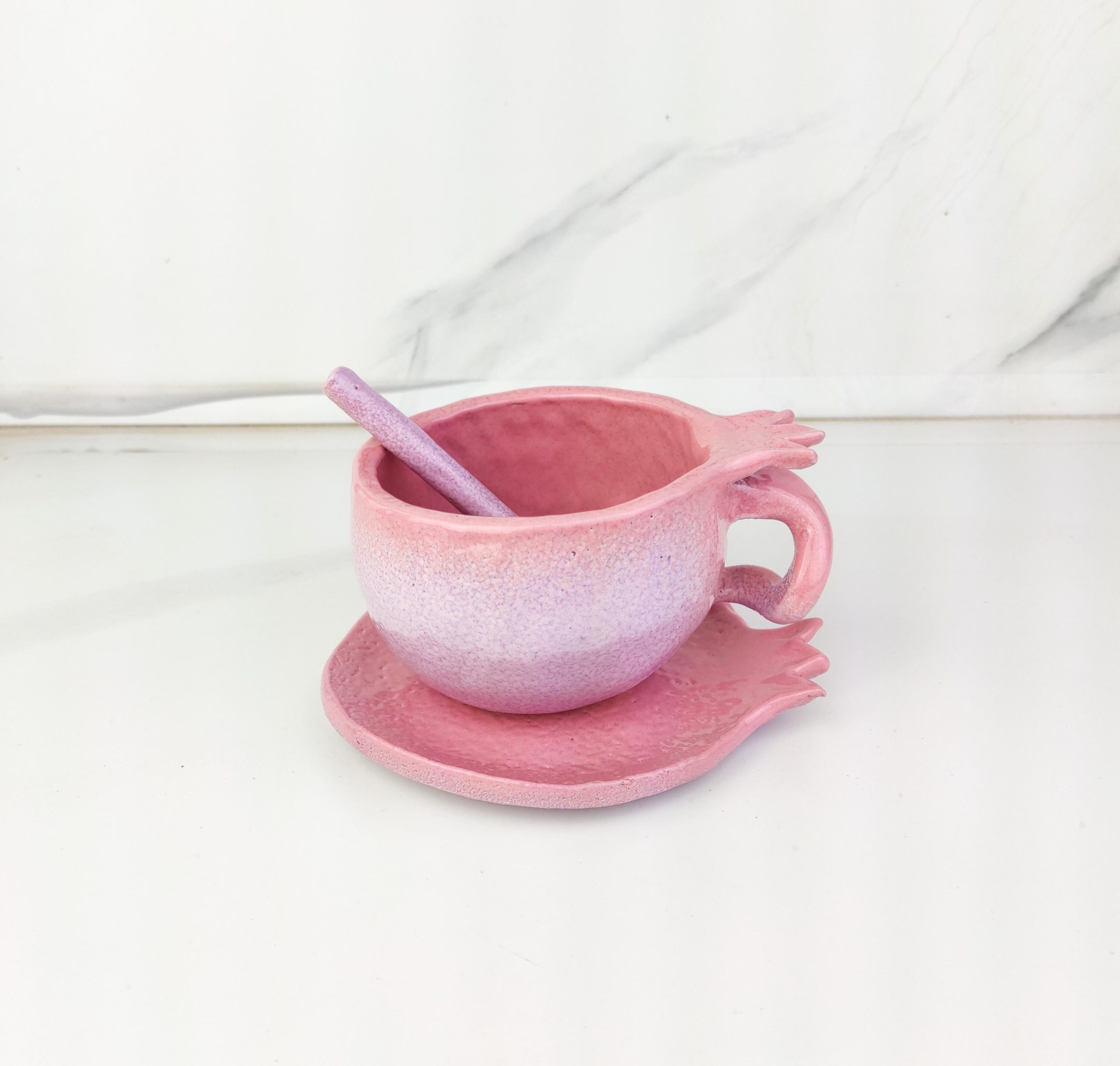 Handmade Ceramic Pomegranate Style Coffee or Tea Cup with Plate and Spoon - Image 6