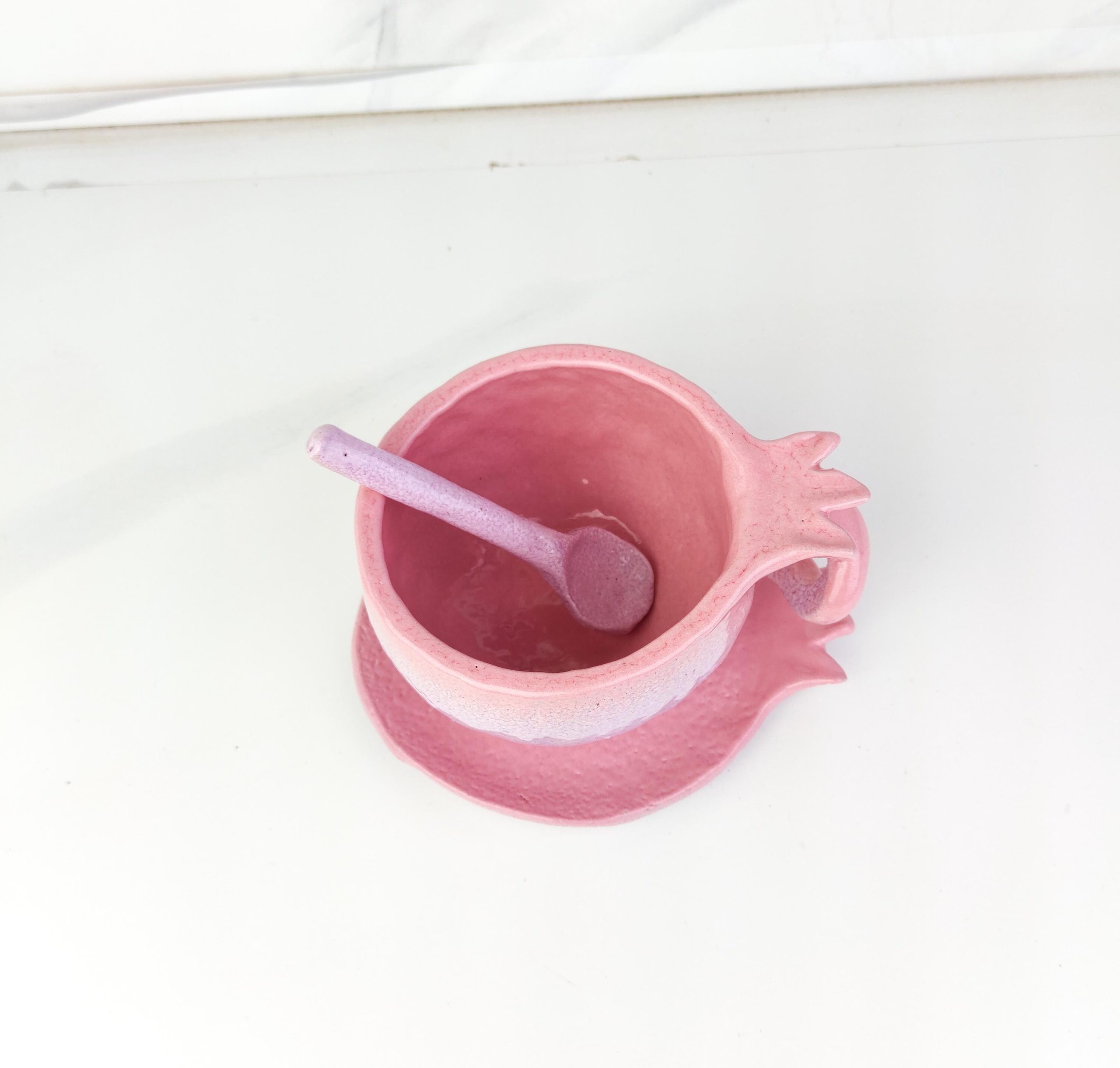 Handmade Ceramic Pomegranate Style Coffee or Tea Cup with Plate and Spoon - Image 8
