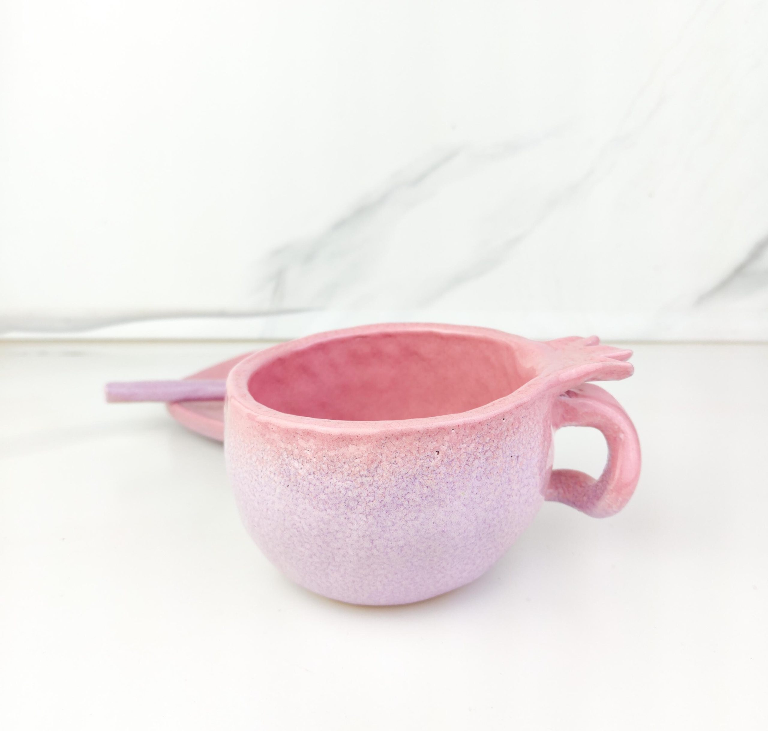 Handmade Ceramic Pomegranate Style Coffee or Tea Cup with Plate and Spoon - Image 9